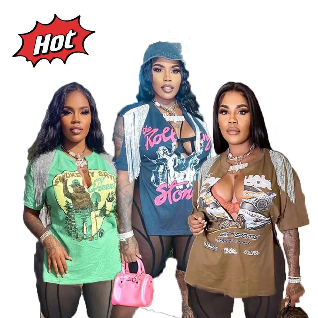 

Trendy Women's t-Shirts Printing Deep v-Neck Lady Wears Sexy Hip Hop Oversize t-Shirt, As picture