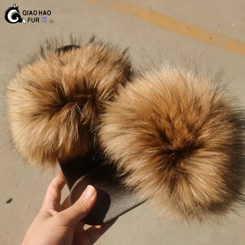 

2021 fashion luxury custom wholesale multicolor women's fluffy fur slides fox fur slippers fur slides, Customized color
