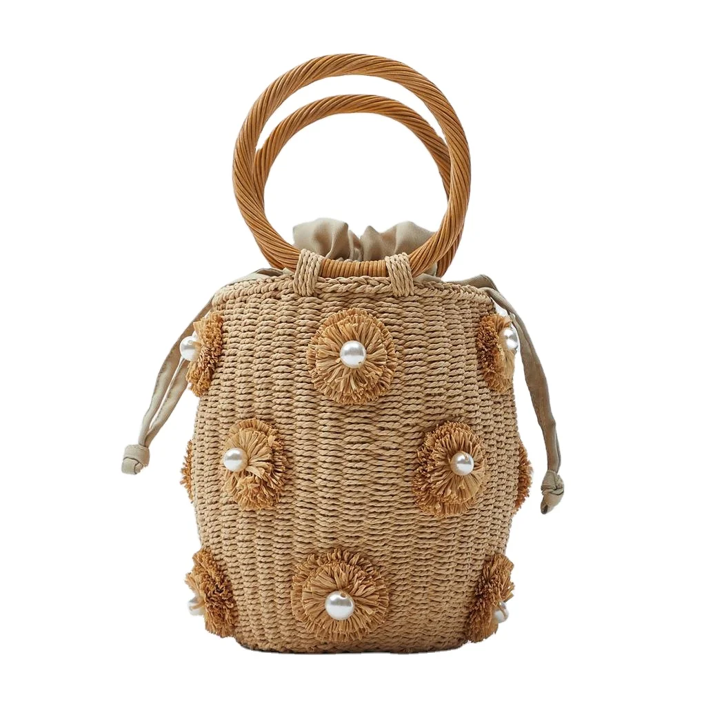 

New female bag with flower artificial pearl decorative hand basket woven bag straw woven bag