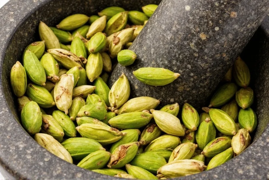 Hand grinding fresh cardamom pods in a mortar and pestle with close-up showing released seeds