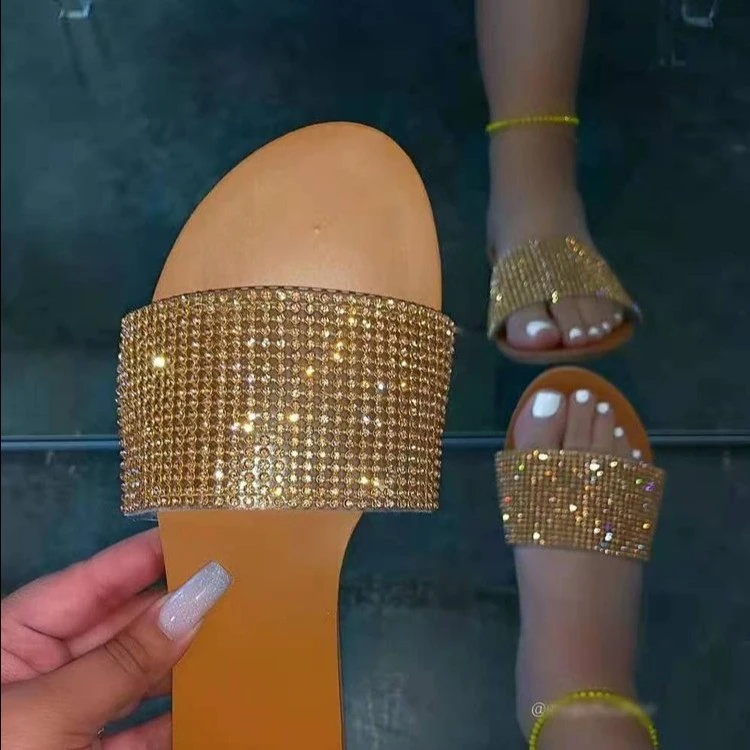 

2021 Crystal Women Summer Shoes Sequined Flat Sandals For Women Fashion Slippers