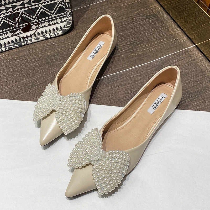 

2021 new women's single shoes Pearl bowknot decorative women's sandals flat fashion girls slippers