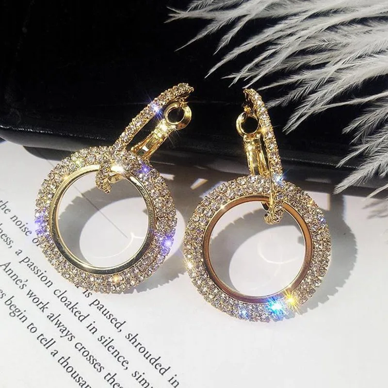 

New Arrival Crystal Bling Double Hoop Earrings Micro Paved Rhinestone Circle Drop Earrings