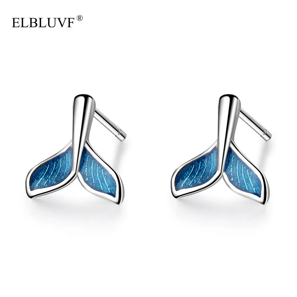 

ELBLUVF New 2020 Simple Copper White Gold Silver Color Platinum Plated Blue Glue Fish Tail Earrings For Women, White gold color