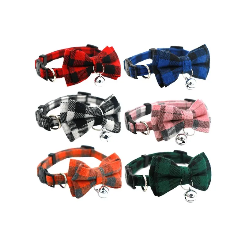 

Cotton Pets Collars Ties Cheap Plaid Cats Collars with Bells