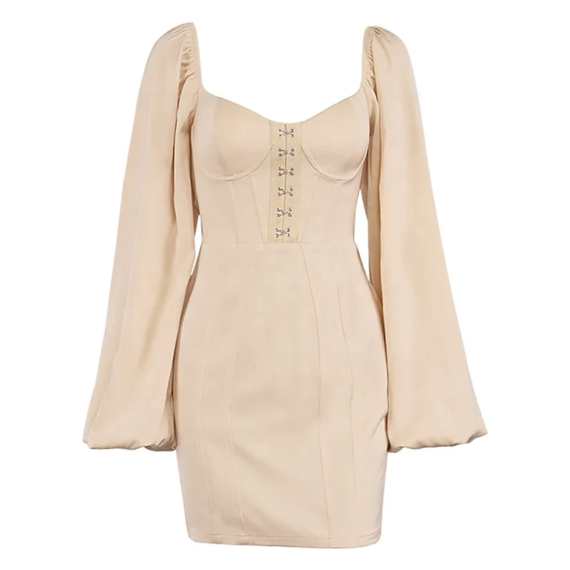 

New Sexy Fashion Solid Color Lantern Sleeves Square Collar Bag Hip Short Skirt Women