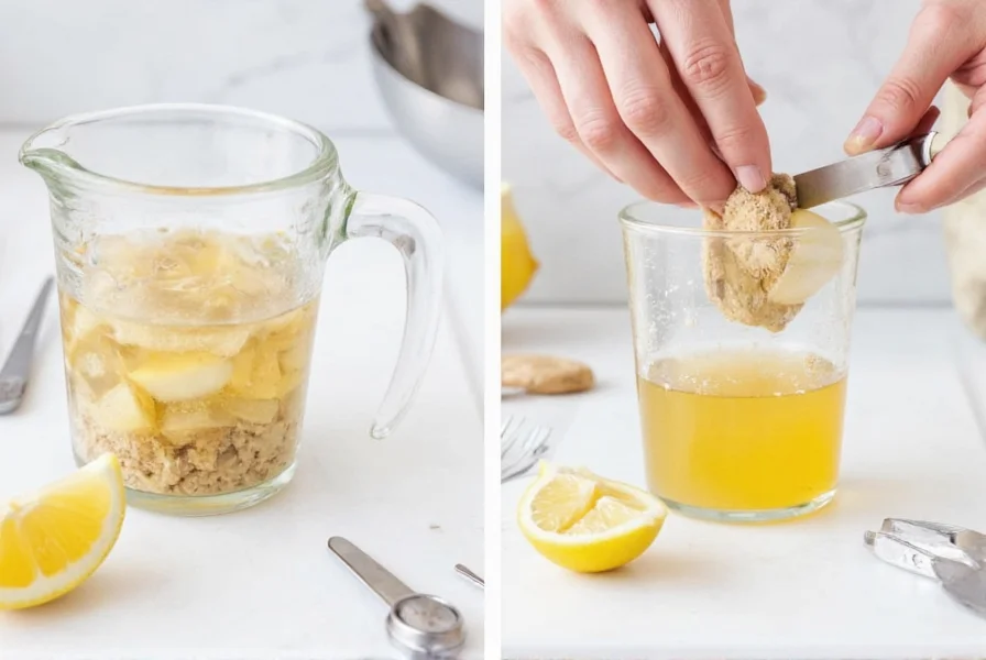 Step-by-step preparation of ginger and lemon shots with measuring tools