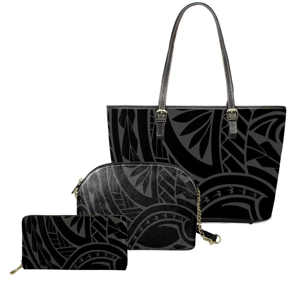

Black Polynesian Tribal Printed Leather Handbags For Women Large Space Customized Purses And Handbags Matching Shell Bags 3Piece, Customizable