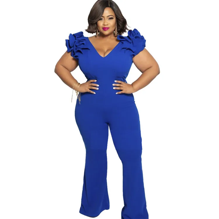 K2219 Fashion Solid Color Deep V-Neck Petal Short-Sleeved Tight Women Wide-Leg Large Size Jumpsuit