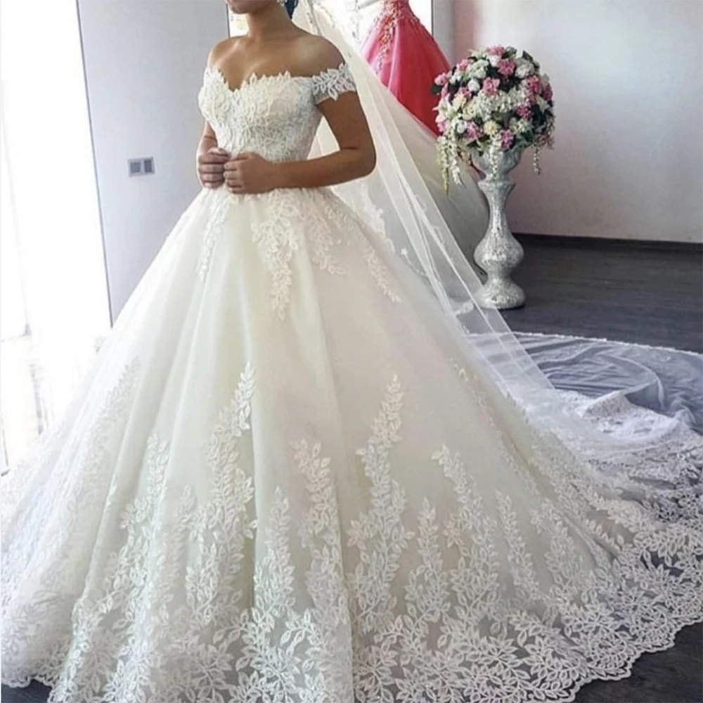 

2019 White Off the Shoulder Vestido De Noiva Wedding Dress Train Custom-made Plus Size Bridal Tulle Mariage, Ivory