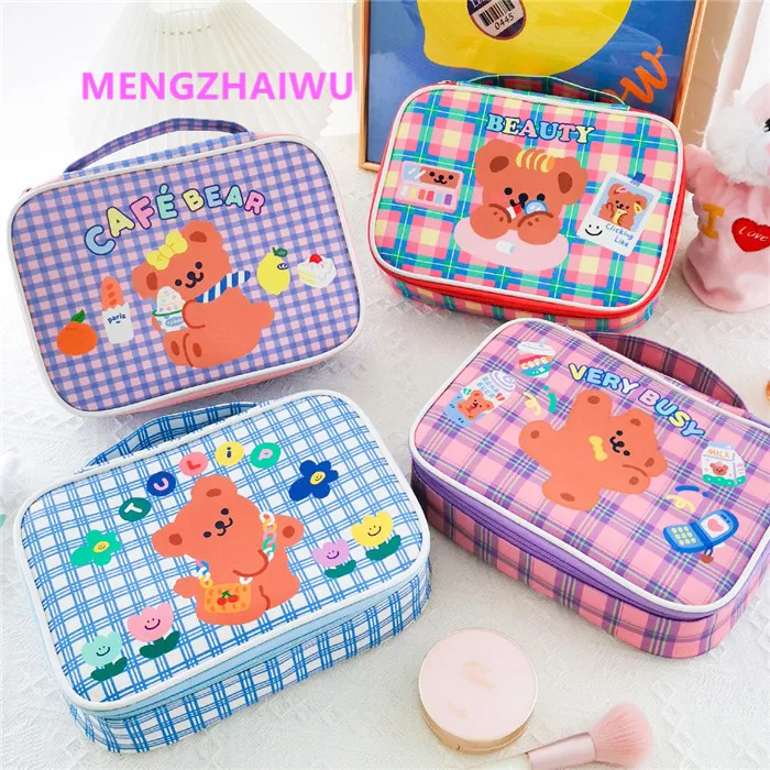 

Hot sale Japan style daily used items homes cartoon Plaid Bear High capacity travel luxury cosmetic bag laddies pink makeup bag