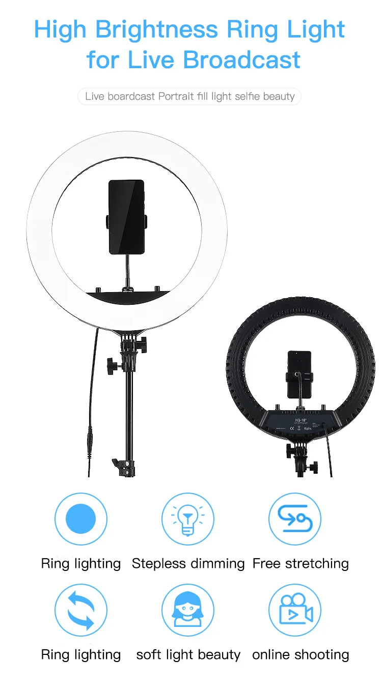 18 inch Selfie Ring Light,Dimmable HQ-18 ring light Dimmable Selfie LED Ring Light for Beauty Makeup Live led hoop with tripod