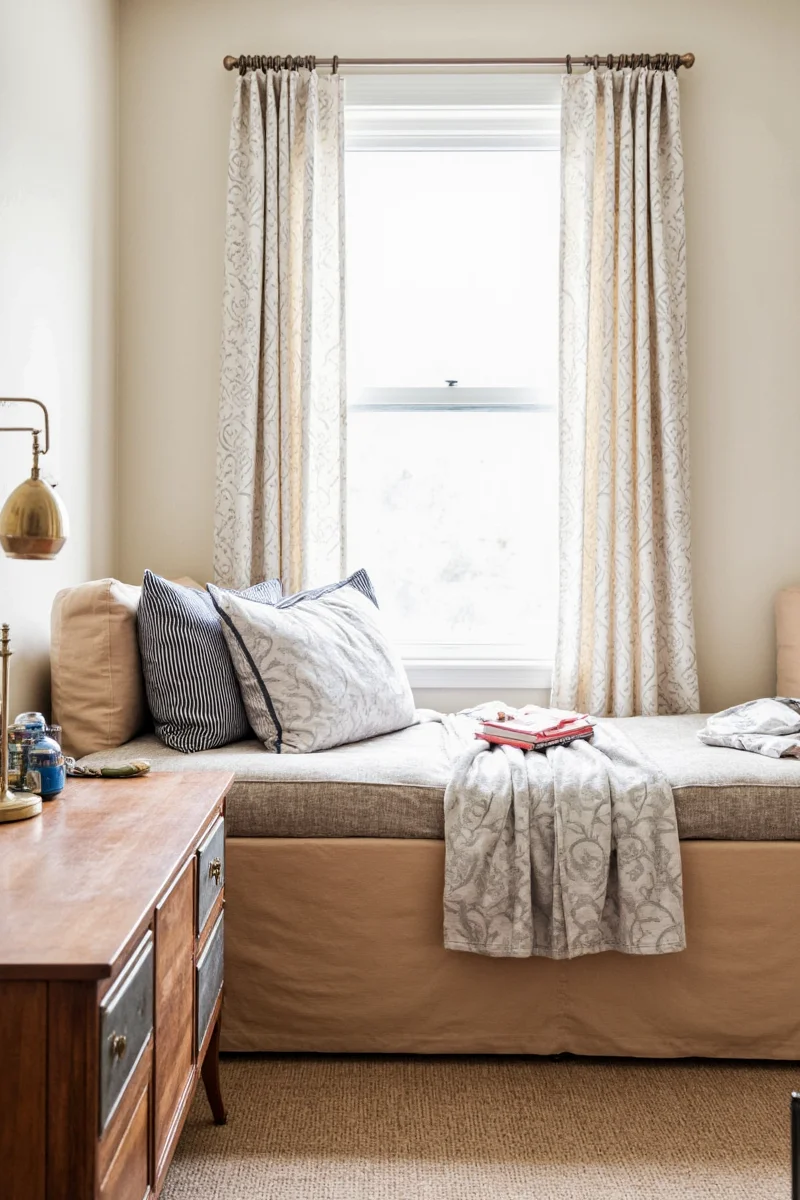 Teenager's small bedroom decorated with multi-functional furniture and floating shelves