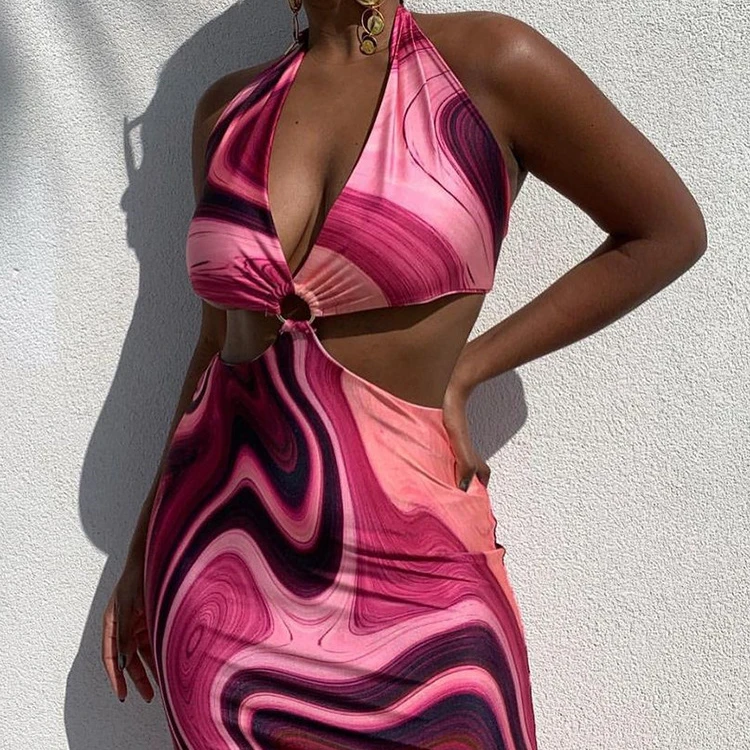 

KHT3556 Summer Fashion Casual printing Beach dresses Women Sexy Backless Halter Maxi Long Dress