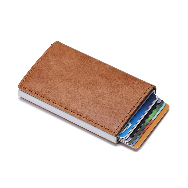 

RFID Wallet Blocking Vintage Automatic Genuine Leather Credit Card Holder Aluminum Metal Business ID Cardholder