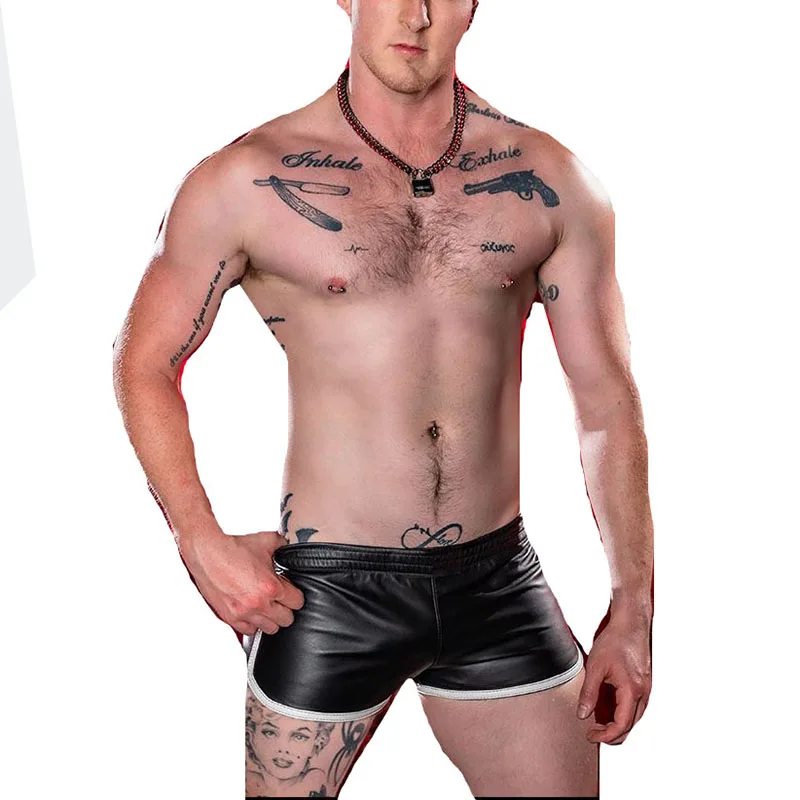 

Sexy Men Punk PU Leather Slim Motorcycle Trousers Solid Color Plus Size Shorts Soft Boxershorts Male Panties Shorts