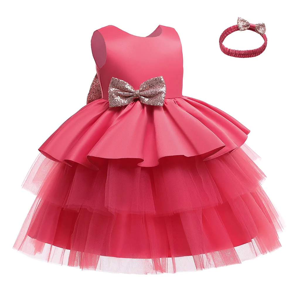 

High quality sequin bow backless baby girl birthday party dress baby pretty layered princess frock dress
