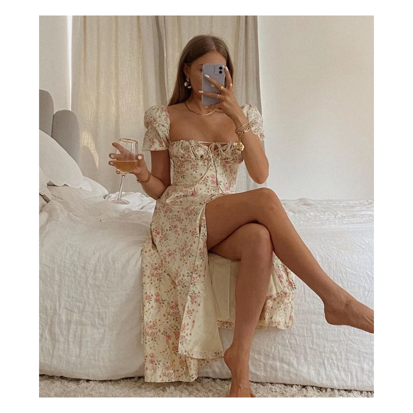 

New Arrivals Summer White Yellow Square Neck High Split Floral Printed Puffy Sleeve Corset Midi Sundress Vestidos Boho Maxi Jurk