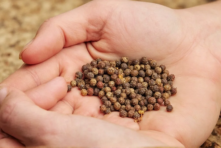 Magnified view comparing actual mite specimens versus normal black pepper granules showing texture differences