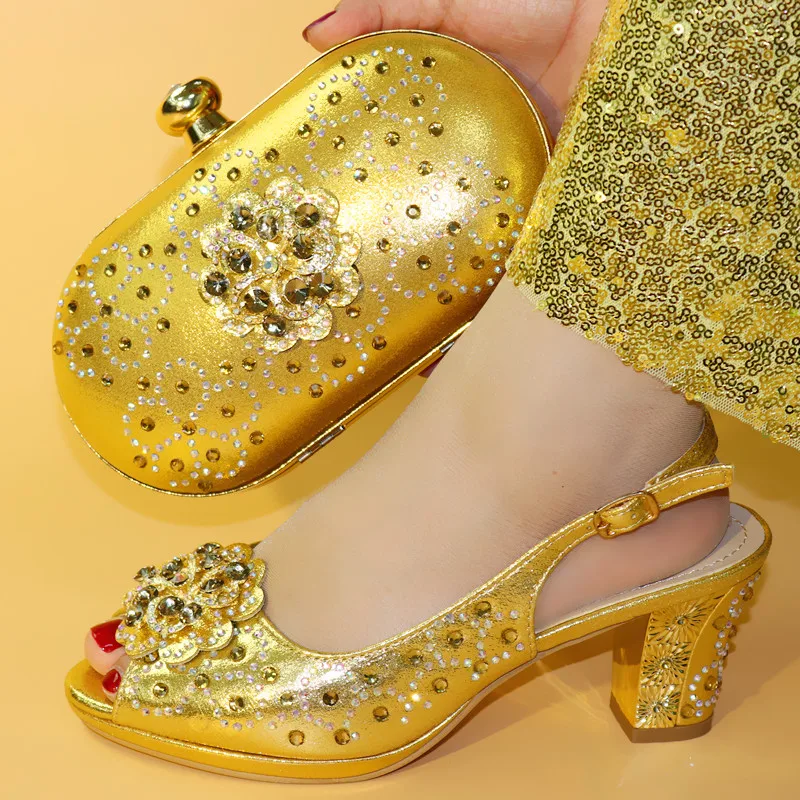 

Wholesale women shoes and bag set high heel italian gold ladies with crystal/stones for african party 7862