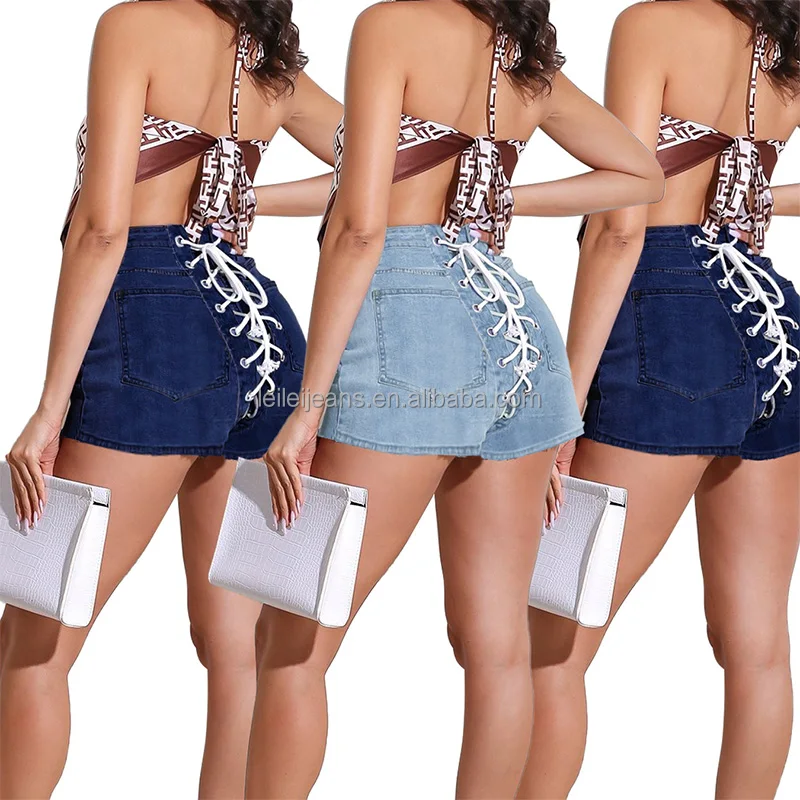 

Sexy Short Jeans Women High Waist ripped Lace Up Bandage Straight Y2k Club Hot Short Slim Plus Size Deni Short Woman Summer 2022, Dark-blue / light blue