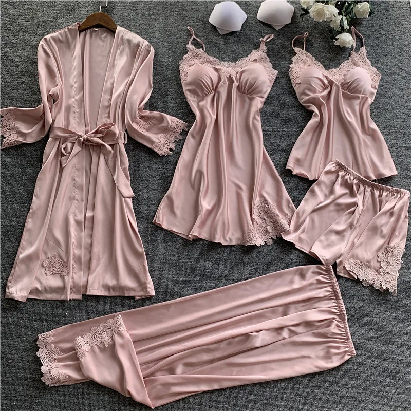 

Free shipping 5pcs/set solid color long-sleeves night-robe sweet silk nighties fashion nightwear for girls/women high quality, Picture