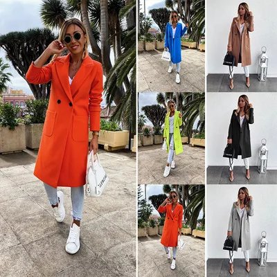 

MT222-1576 Fashion long candy-colored woolen coat with lapel pocket casual dresses women clothing casual dress women