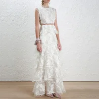 

2019new high quality ladies sleeveless maxi dress organza embroidery lace hollow out layered long dress for women
