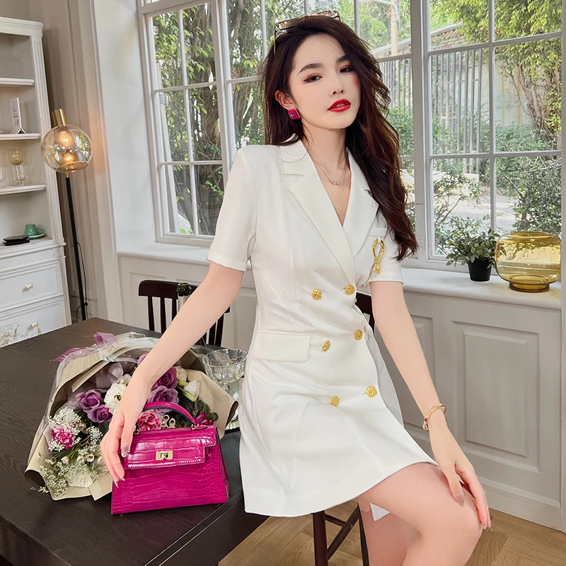 

ZY.HT 5750 2024 High Quality Summer White Double-breasted Blazer Dress Ladies Short Sleeved Coat Dress Suits for Women