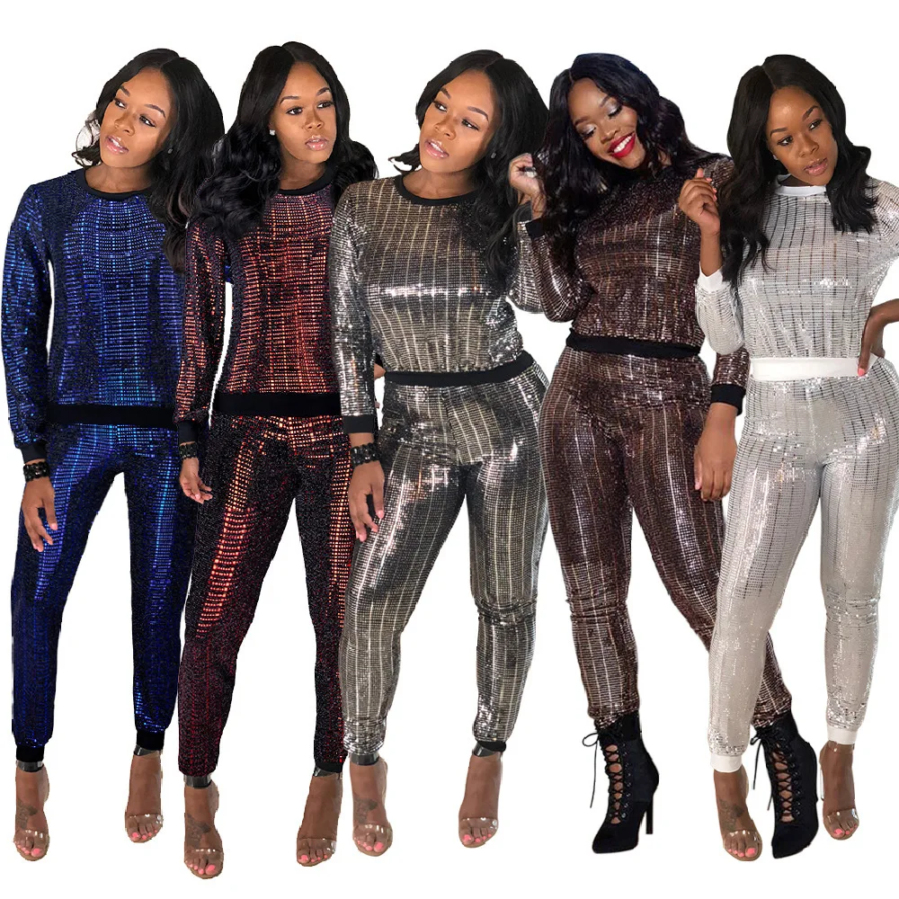 

Ins Hot Fashionable Sexy sequins long sleeve multi color two piece suit, Customized color