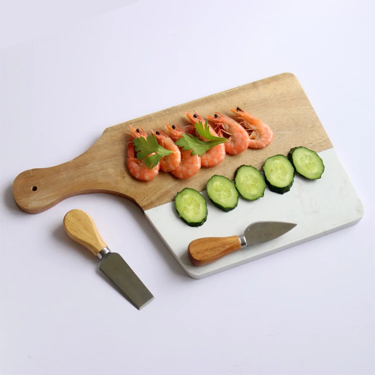 

Rectangular Acacia Wood and Marble Cutting Board with Handle Charcuterie Chopping Board Party Plate Tray Bread Board