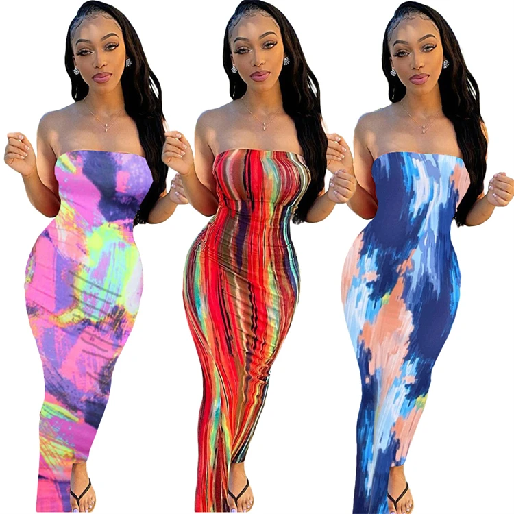 

D96103 2021 colorful tie dyed off shoulder dress plus size dress dresses women lady elegant