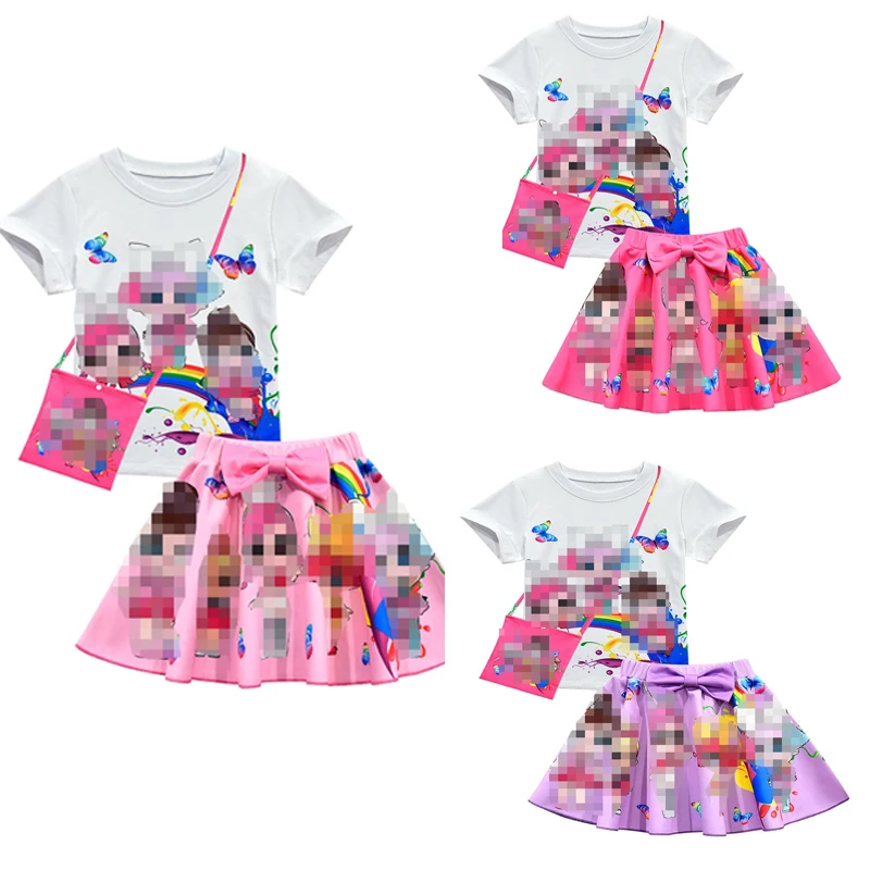 

New arrive short sleeve doll print white top short skirts summer kids boutique girls clothing sets, As picture show