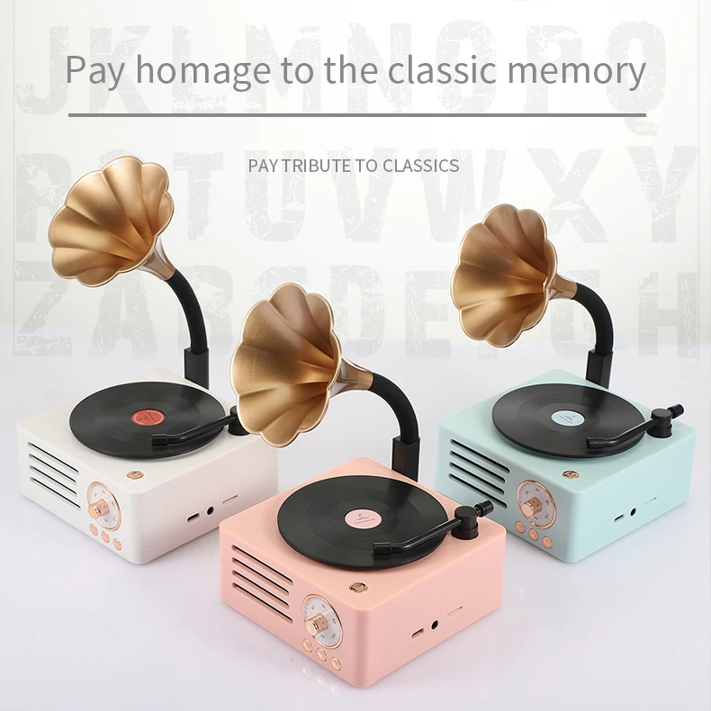

2021 Retro Vinyl Record Player Wireless Speaker Mini Portable Stereo Classic Style Cute Macaron Speaker & Horn For Home, Cyan/white/pink