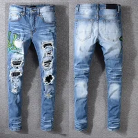 

New Italy Style #561# Men's Snake Embroidery Distressed Patches Leather Sneak Pants Skinny Blue Jeans Slim Trousers Size 28-40
