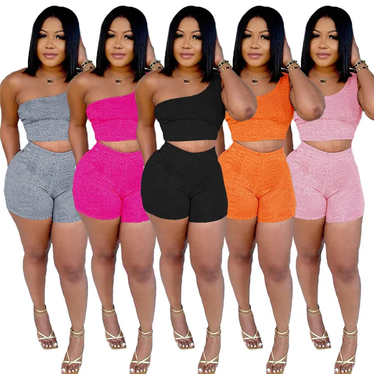 

One Shoulder Solid Two Piece Set Women Fashion Street Casual Fitness Tracksuit Female Slim Biker Shorts Set New, As picture