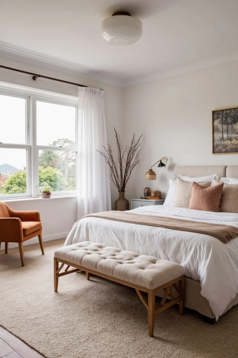 Bedroom with plants on nightstand and shelves