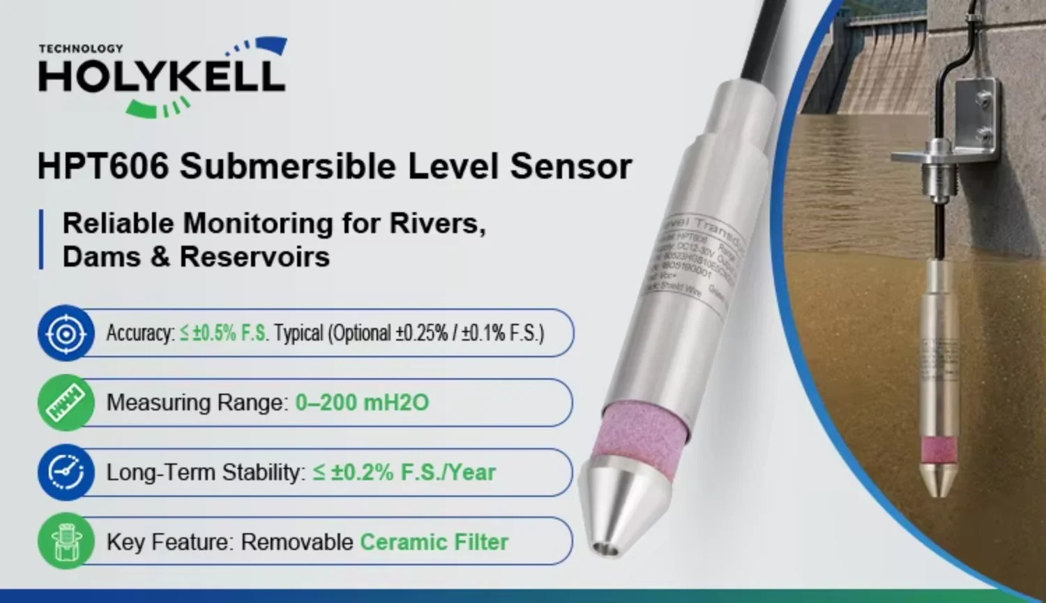 Holykell IP68 Submersible Flood Level Sensor 4 20ma Rs485 Level Transmitter for River Lake and Dam Monitoring