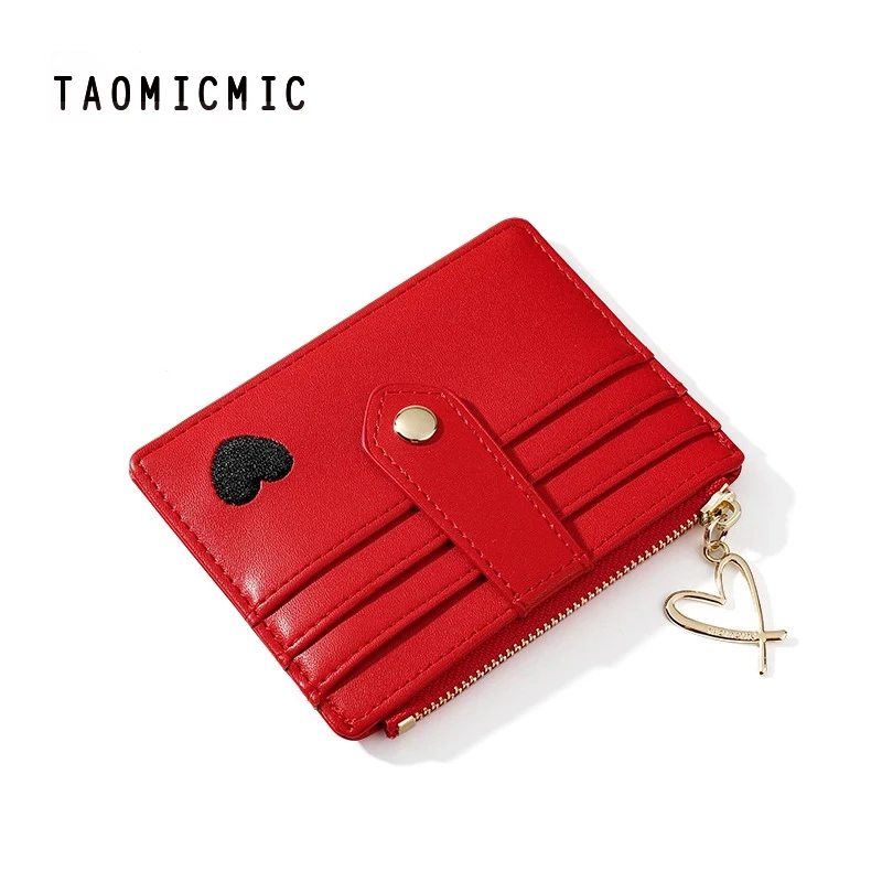 

Taomicmic Fashion embroidery heart coin purse keychain zipper short wallet multi card position card holder, Black, pink, blue,silver,red,yellow