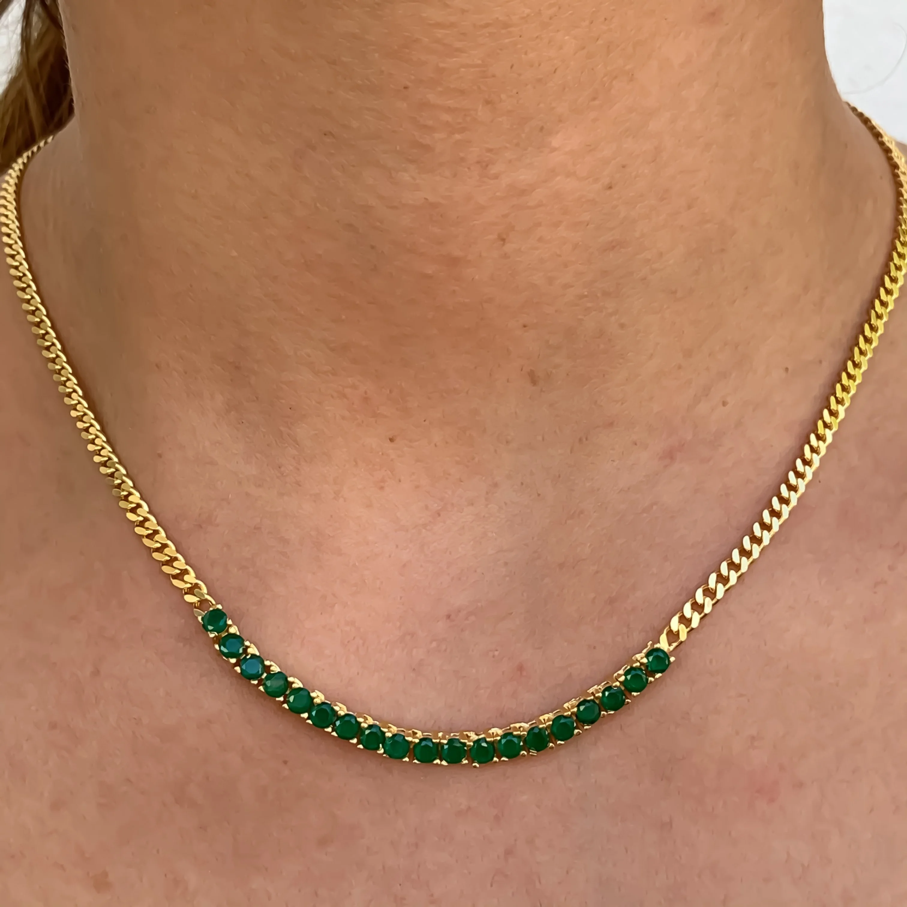 

Trendy thin cuban chain gold plated green zircon row girl women necklace, Customized