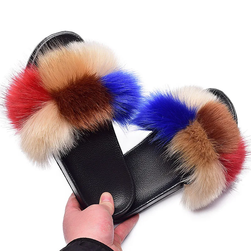 

High Quality Pvc Sole Real Fox Slippers Drop Shipping Service Small Faux Fur Slides Women Shoes, Picture