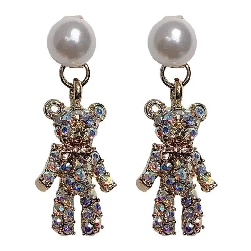 

Pendientes de oso lovely ctue pearl bear earrings full diamond crystal bear stud earrings for women