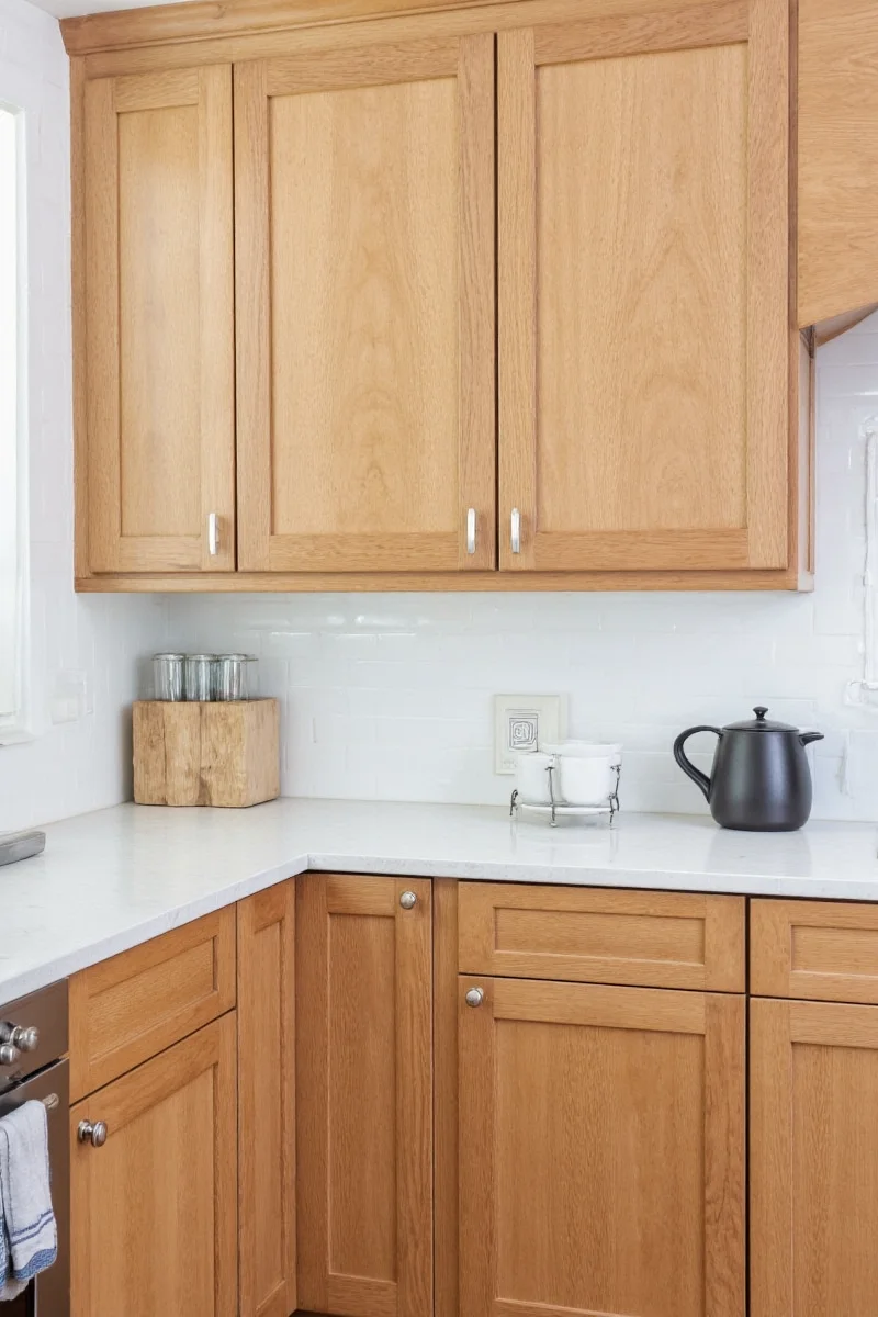Family-style kitchen with natural wood cabinets and children's dish rack