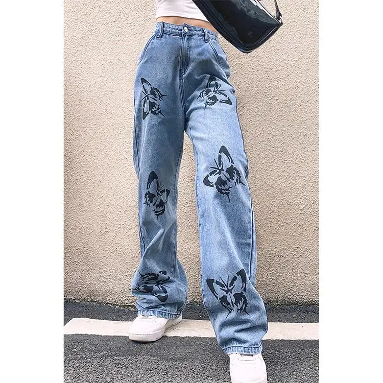 

Women Pringting Butterfly Jeans Girl Fashion Denim Straight Pants