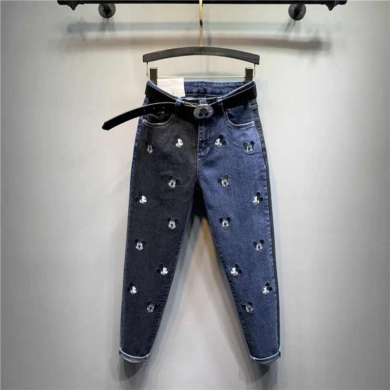 

Wholesale High Waist Denim Pants Women Jeans Slim Mickey Embroidery Contrast Color Denim Pencil Pants With Belt