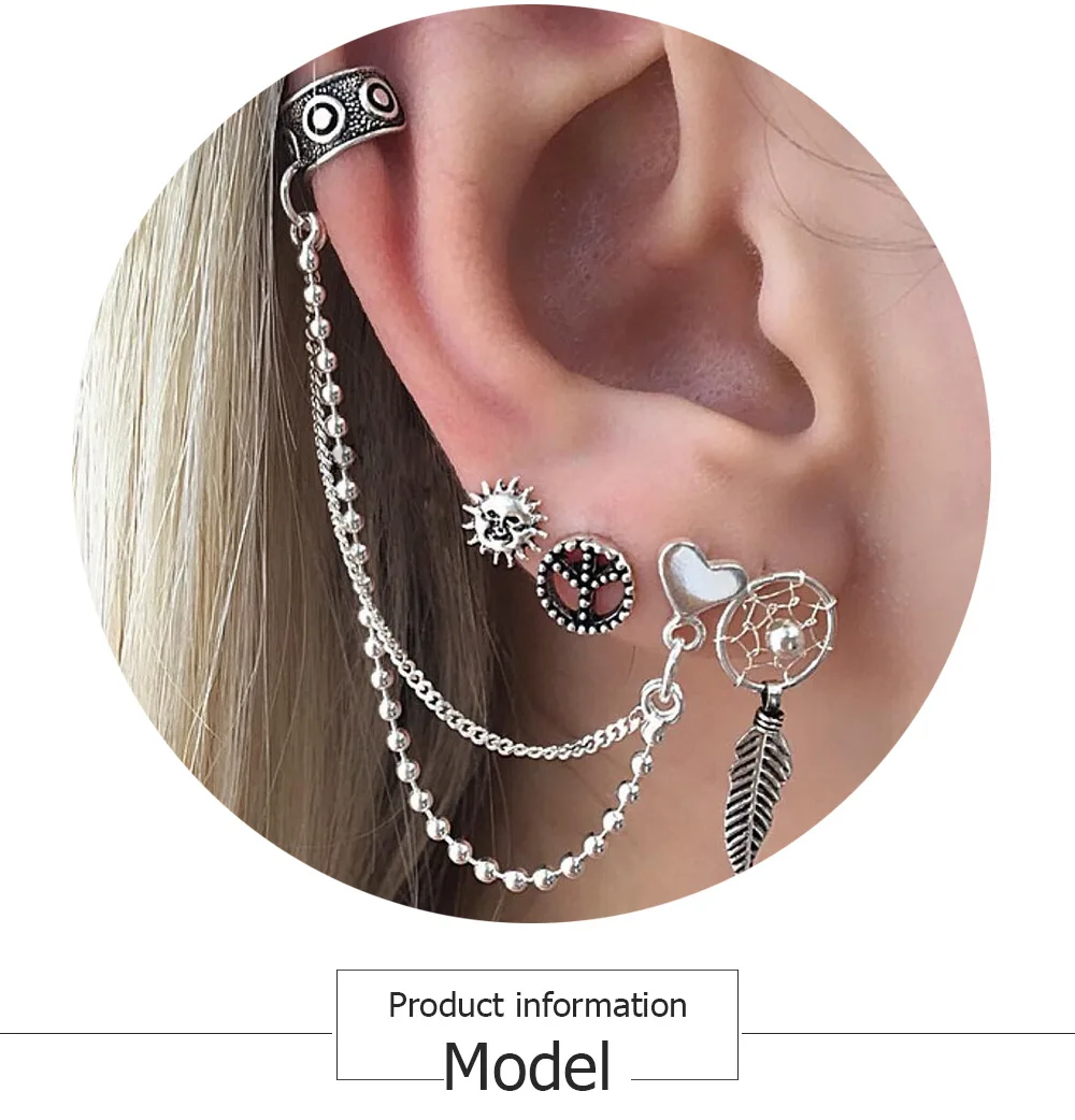 

Popular Sun Leaf Love Chain 4-piece Combination Set Earrings Punk Style Earing Set