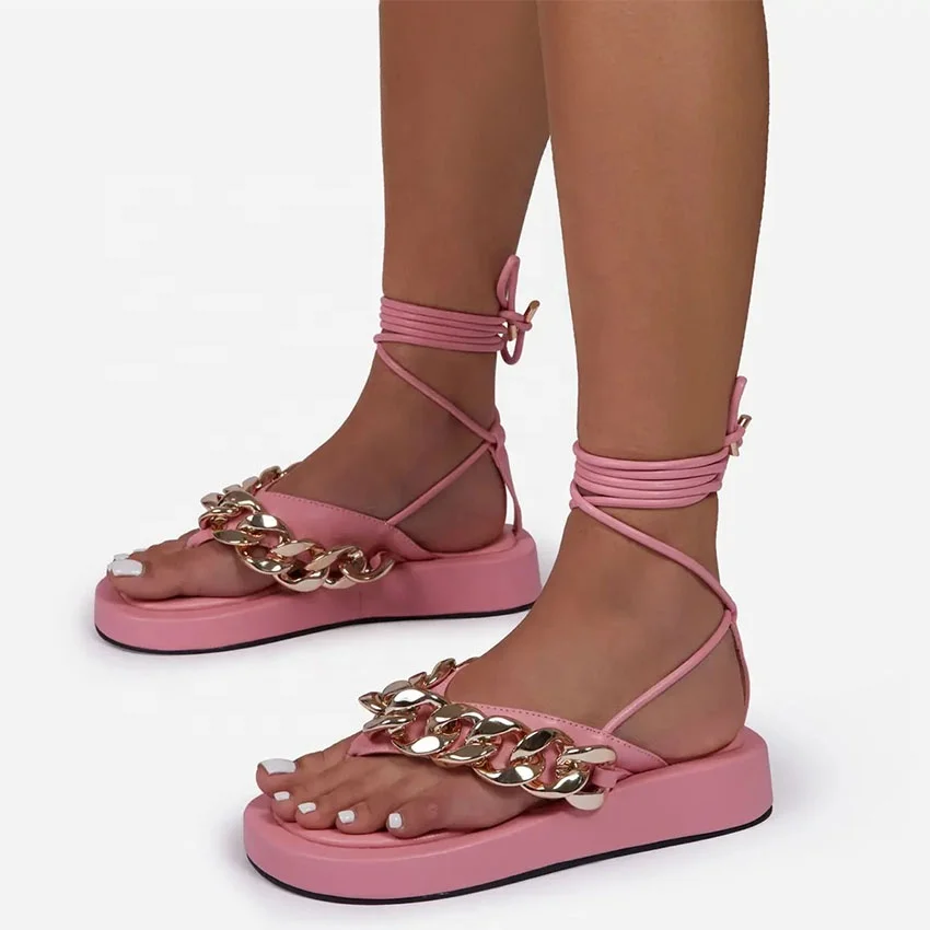 

Fashion Solid White Pink Clip Toe Thick Sole Lady Summer Sandals Metal Chain Sexy Lace Up Breathable Outdoor Comfortable Sandals, Black,white,pink,brown