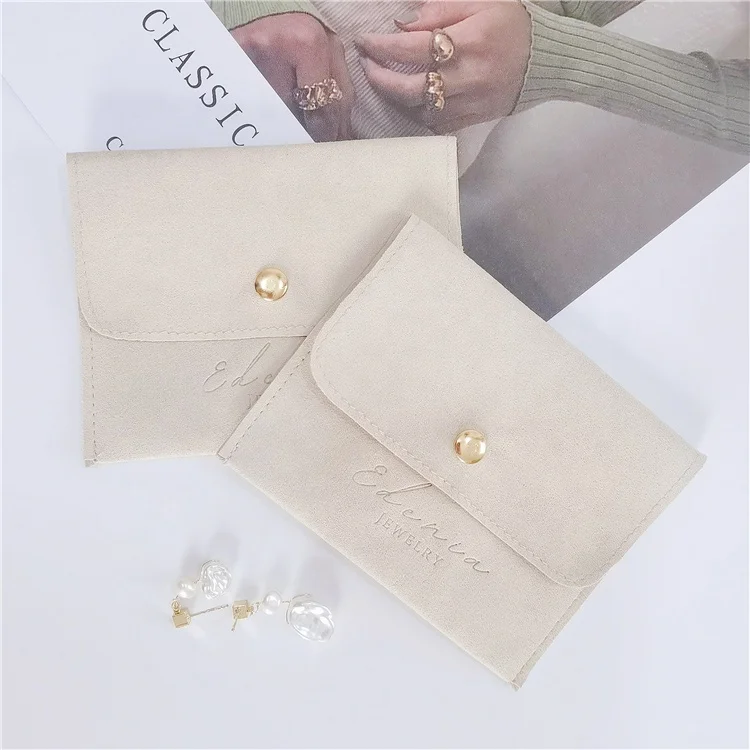 

Chuanghua Custom Embossed Logo Mini Envelope Jewelry Bag Snap Button Closure Luxury Microfiber Jewelry Pouch, Beige or custom