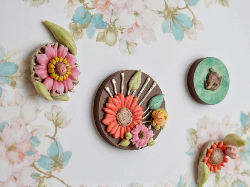 Finished set of handmade clay magnets with floral designs