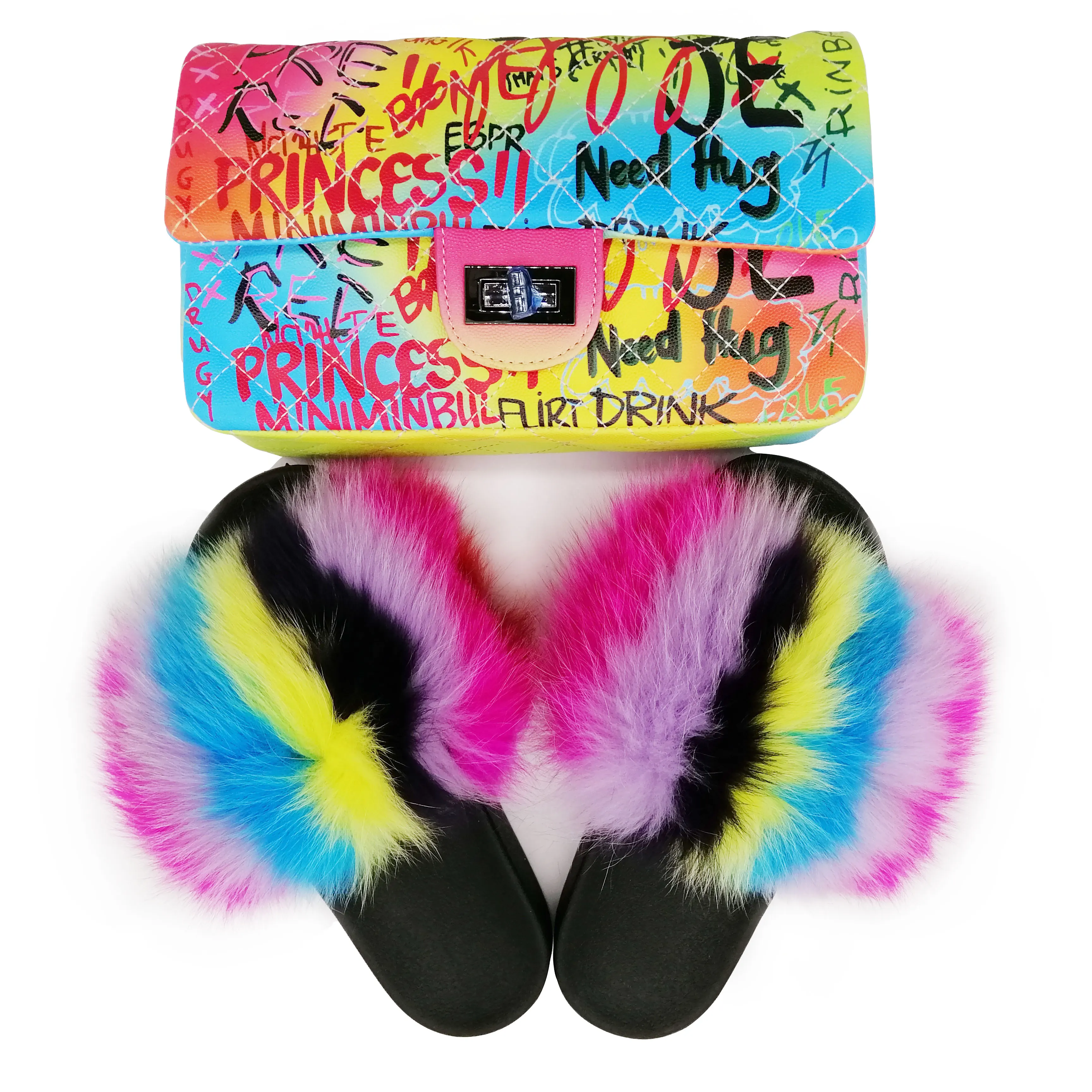 

Fashionable PVC Sole Fox Fur Slippers Slides and PVC Rainbow Colorful Jelly Bags Purse Sets for Women, Mint green,block,jamaica flat,naural raccoon,rainbow,
